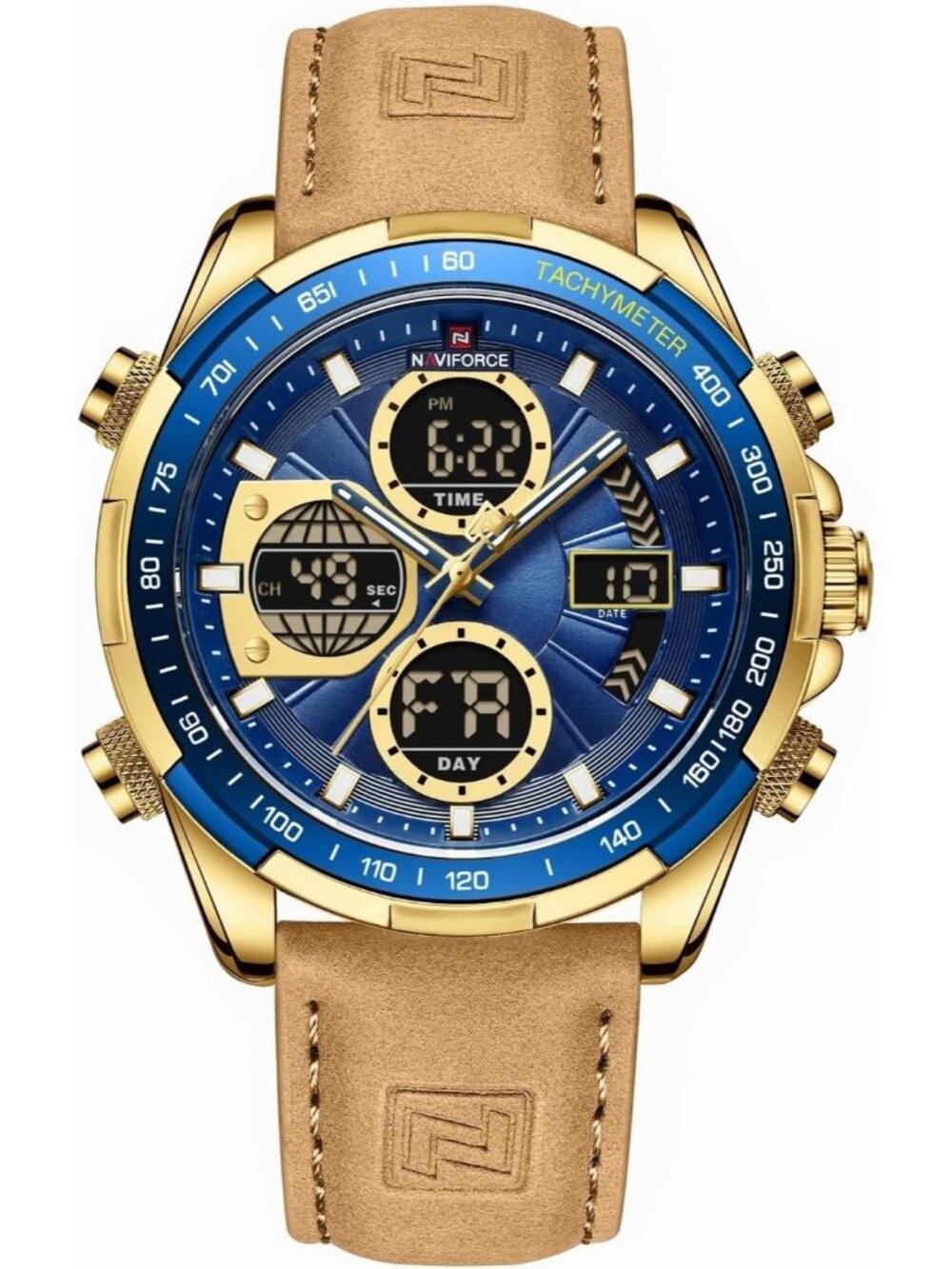 Men's Tan Blue Analog Quartz Waterproof Chronograph Classic Stylish Casual Watch
